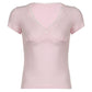 Pink Vintage V-Neck Lace Trim Short Sleeve T-Shirt