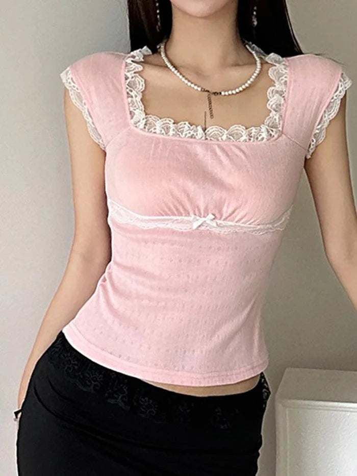 Pink Vintage Lace Trim Bow Square Neck Crop Top