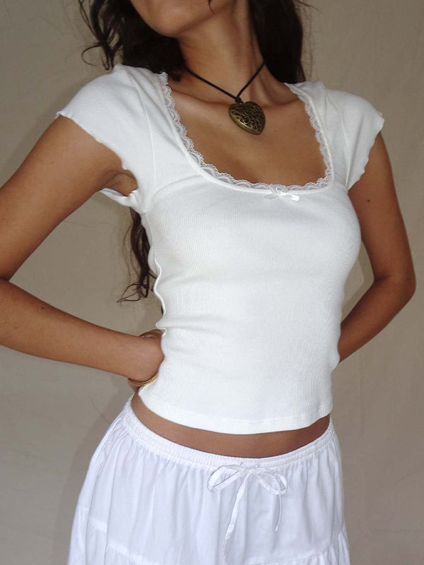 White Vintage Lace Square Neck Knit with Short Sleeves