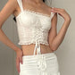 White Y2K Square Neck Lace Splice Tie Front Tank Top/White Y2K Square Neck Lace Splice Tie Front Tank Top