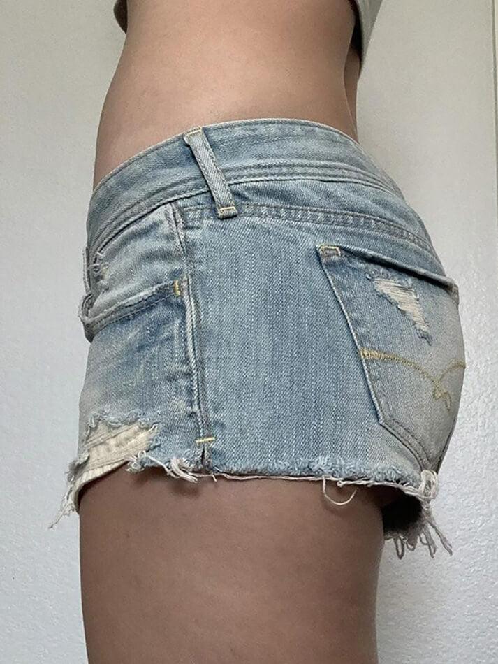 Blue Vintage Low Rise Fringed Denim Shorts