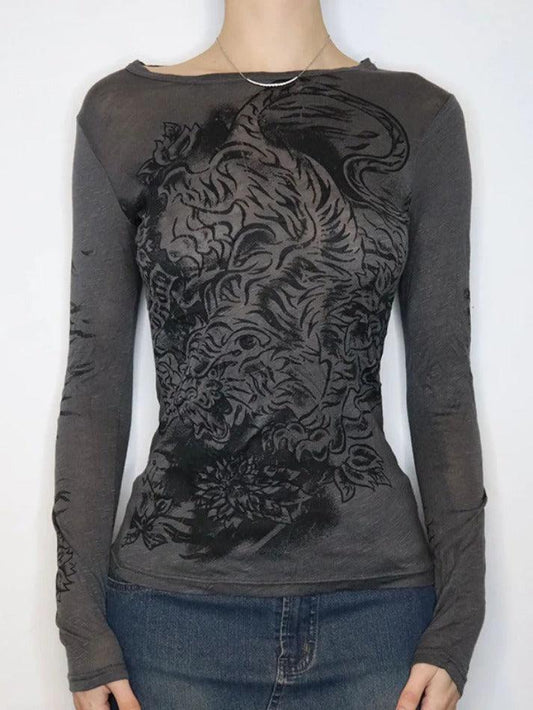 Dark grey punk graphic print long sleeve shirt