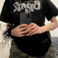 Schwarzes Vintage Oversize T-Shirt mit Diamant Design und Kurzen Ärmeln
