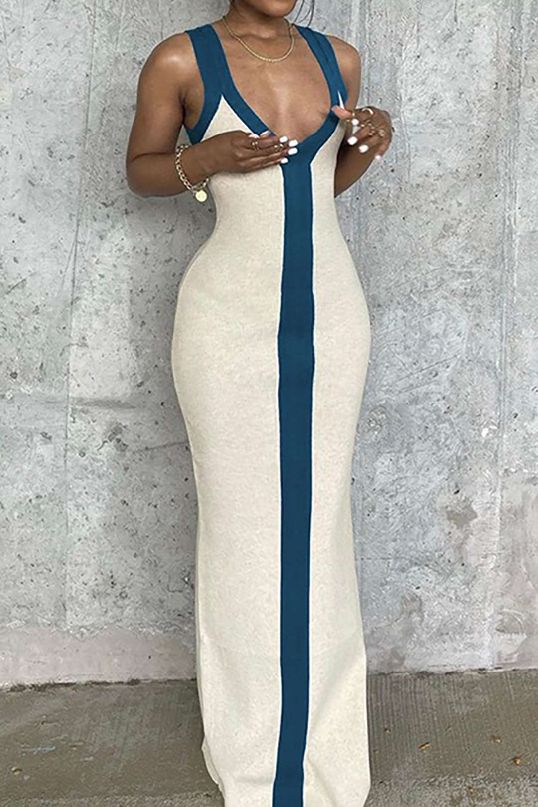 Colorblock Vintage V-neck Knitted Slim Split Maxi Dress