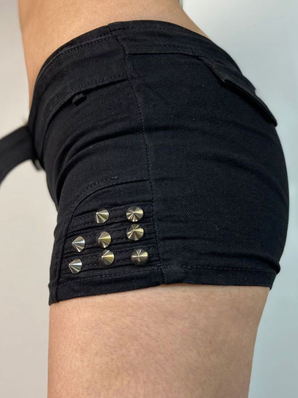 Black punk low rise denim shorts with belt and rivets