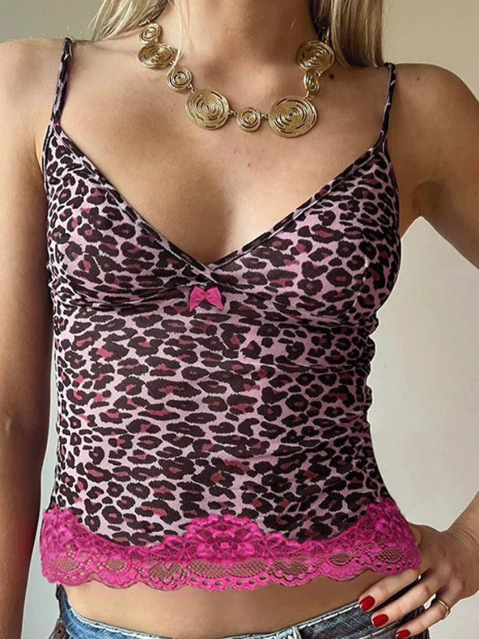 Pink Vintage Leopard Print Lace Trim Cami Top