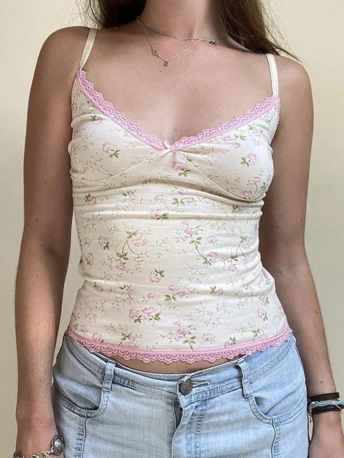 Vintage lace edge cami top with floral print