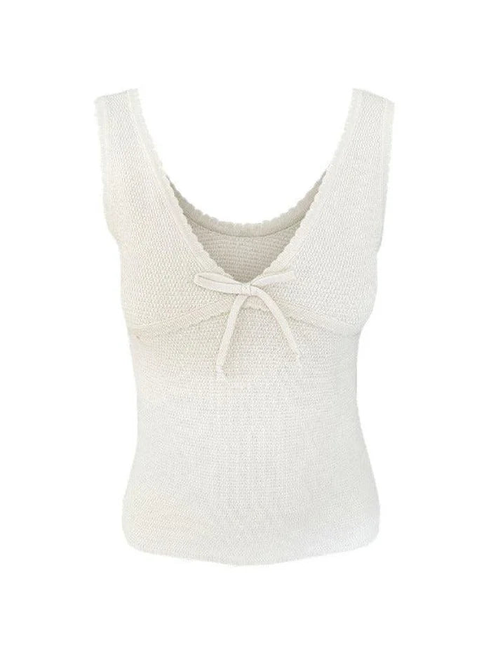 Beige Vintage V-Neck Bow Tank Top