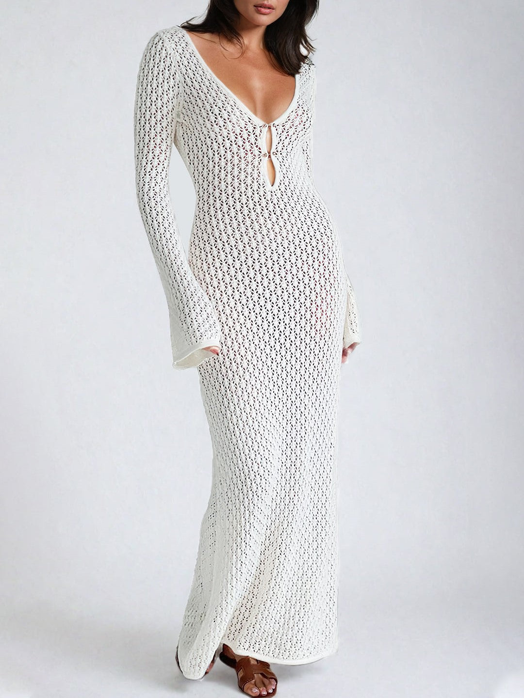 JY White Vintage V Neck Crochet Open Knit Long Sleeve Maxi Dress / White Vintage V Neck Crochet Open Knit Long Sleeve Maxi Dress