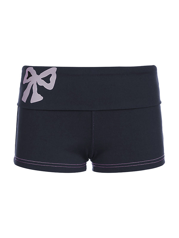 Navy Blue Vintage Fold Over Waistband Bow Print Shorts