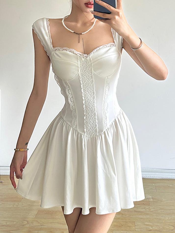 White French A-Line Corset Dress with Lace