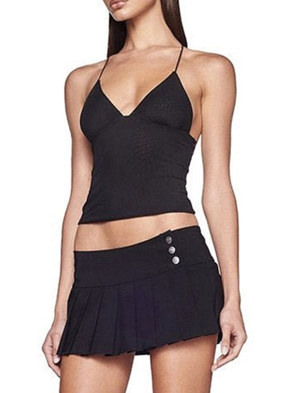 Black backless mesh halter neck camisole with butterfly embroidery 