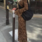 Brown Classic Print Maxi Dress with Trumpet Sleeves