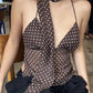 Brown Y2k polka dot top with scarf and backless lace-up design