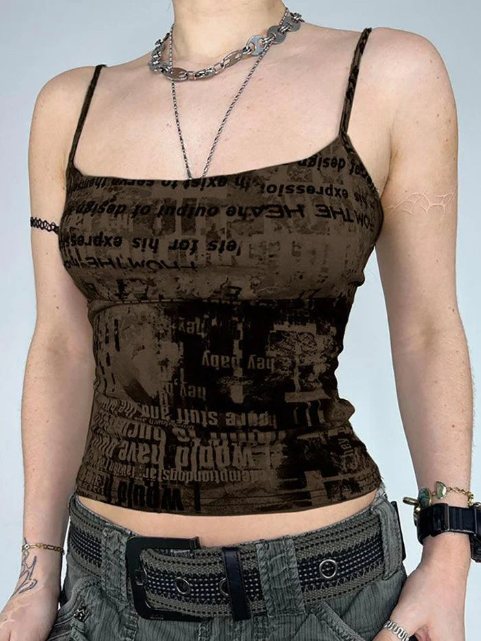 Brown vintage slim cami top with letter print