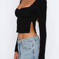 Black vintage long sleeve t-shirt with square neck and slit