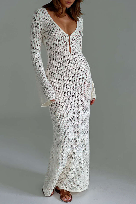 JY White Vintage V Neck Crochet Open Knit Long Sleeve Maxi Dress / White Vintage V Neck Crochet Open Knit Long Sleeve Maxi Dress