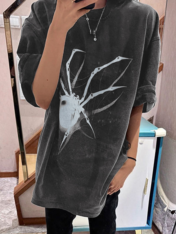 Hip Hop Oversize T-Shirt with Spider Print and Short Sleeves