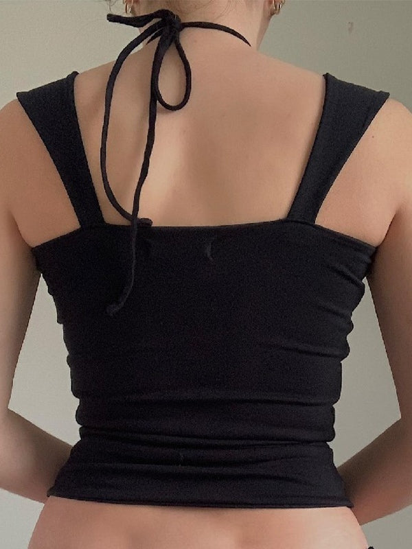 Vintage Black Pleated Halter Tank Top with Wooden Beads