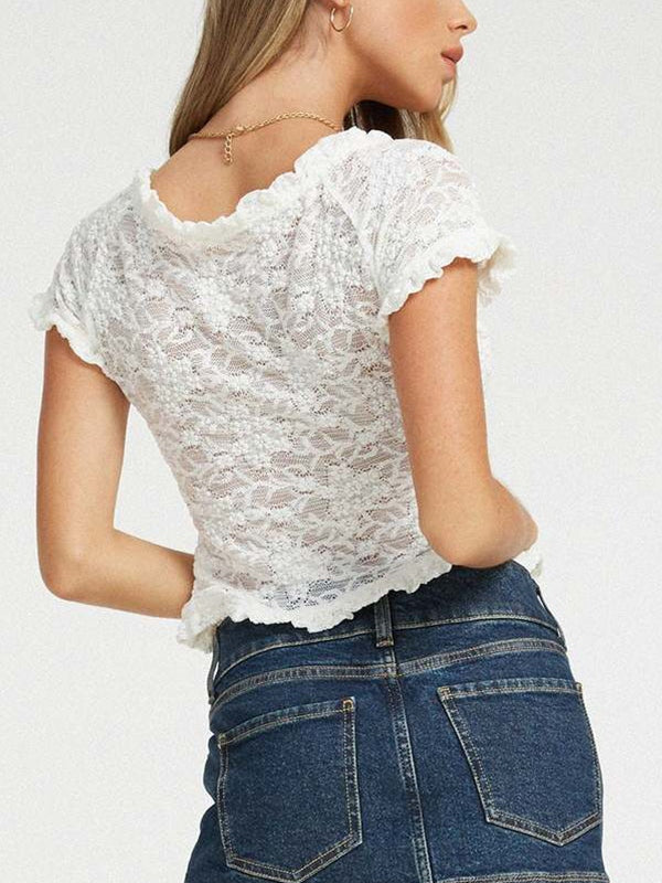 White French lace top with scoop neck and short sleeves