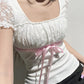 White Y2K Bow Lace Patchwork Bubble Sleeve Top