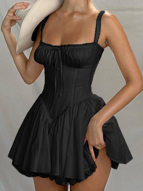 Black French pleated dress with lace panel