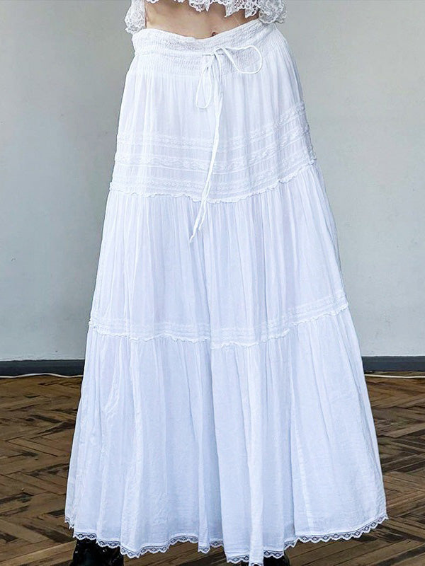 White vintage maxi skirts with lace trim and straps