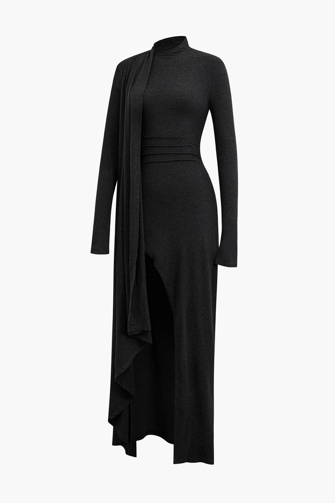 Vintage Mock Neck Wrap Dress with Ruffle Long Sleeves and Slit