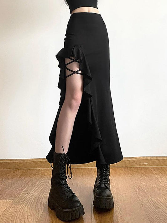 Black High Waist Irregular Split Goth Skirt