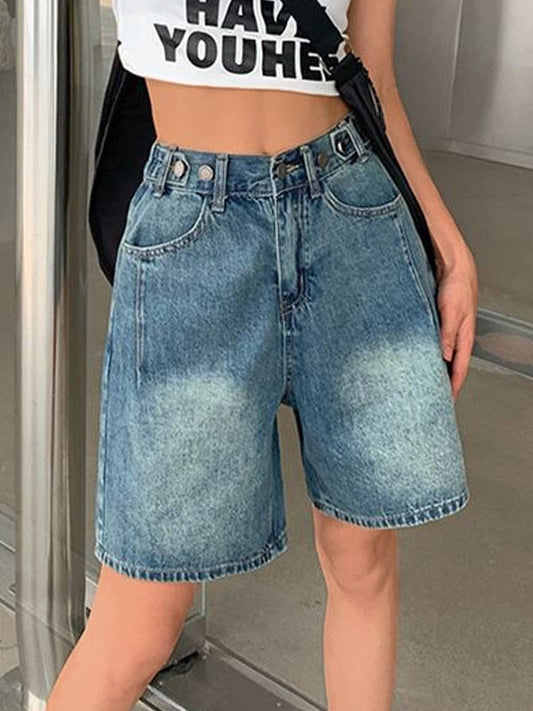 Blue vintage crop denim shorts with wash effect