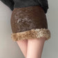 Brown vintage leather mini skirt with fuzzy hem splice and belt