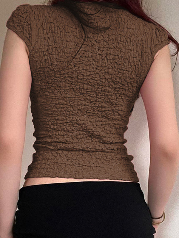 Brown Vintage Lace Patchwork Short Sleeve T-Shirt