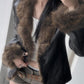 Black American style leather jacket with fur collar and patchwork