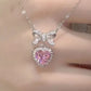 Pink Y2K Glitter Bow Heart Pendant Necklace