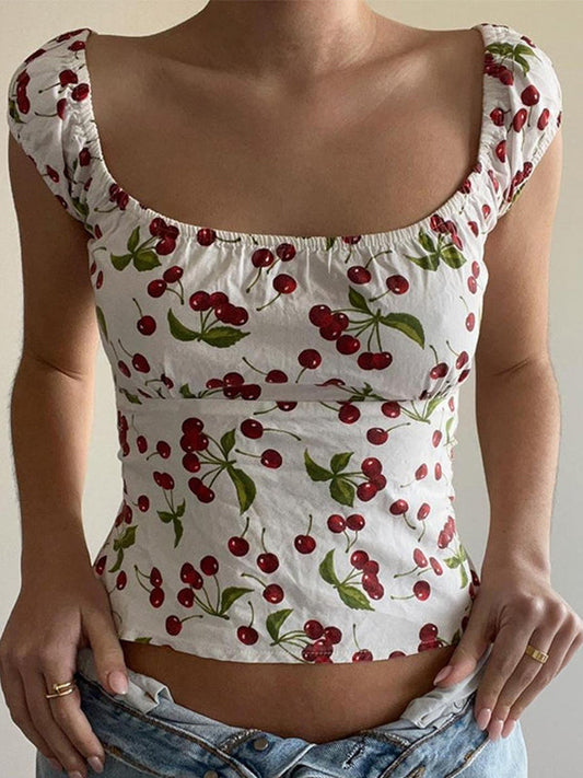 Y2k backless short sleeve crop top with cherry print