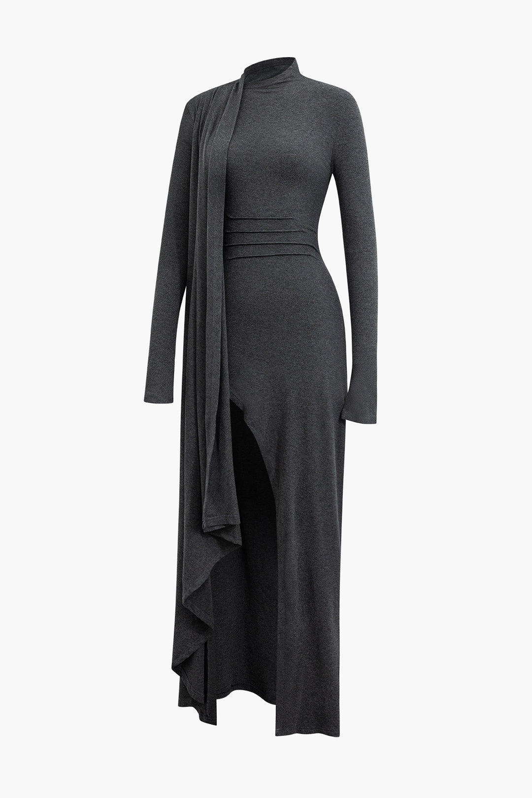 Vintage Mock Neck Wrap Dress with Ruffle Long Sleeves and Slit