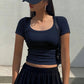 Navy Blue Y2K Crew Neck Crop Top 