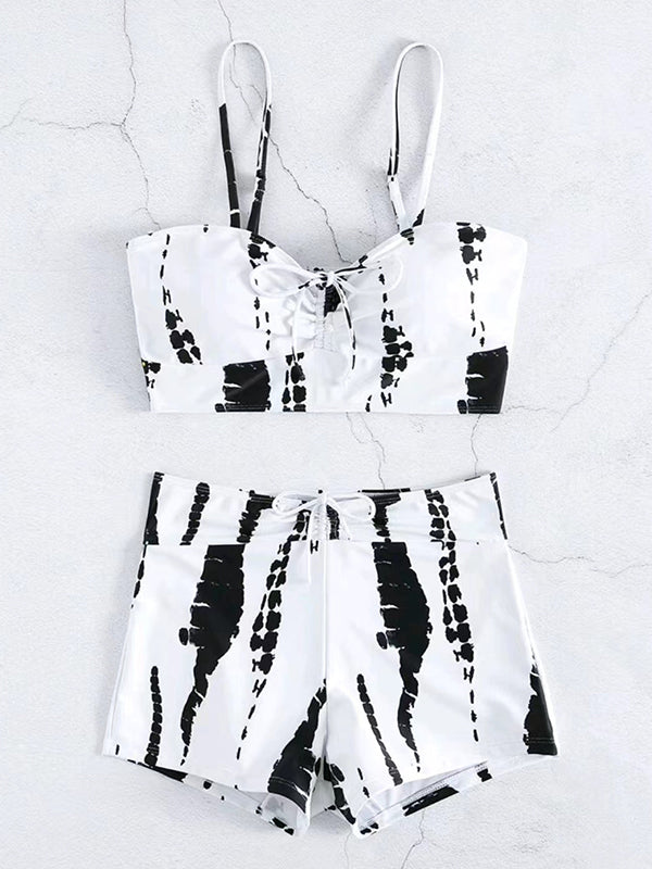 White Vintage Irregular Print Cami Top and Shorts Bikini