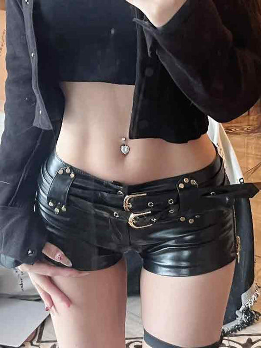 Dark Punk PU Leather Hollow Shorts