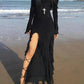 Black Punk Off Shoulder Ruffle Maxi Dress with High Slit