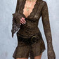 Vintage lace V neck mini dress with trumpet sleeves