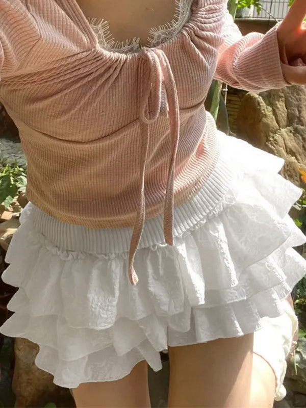 White Cute Textured Tiered Shorts