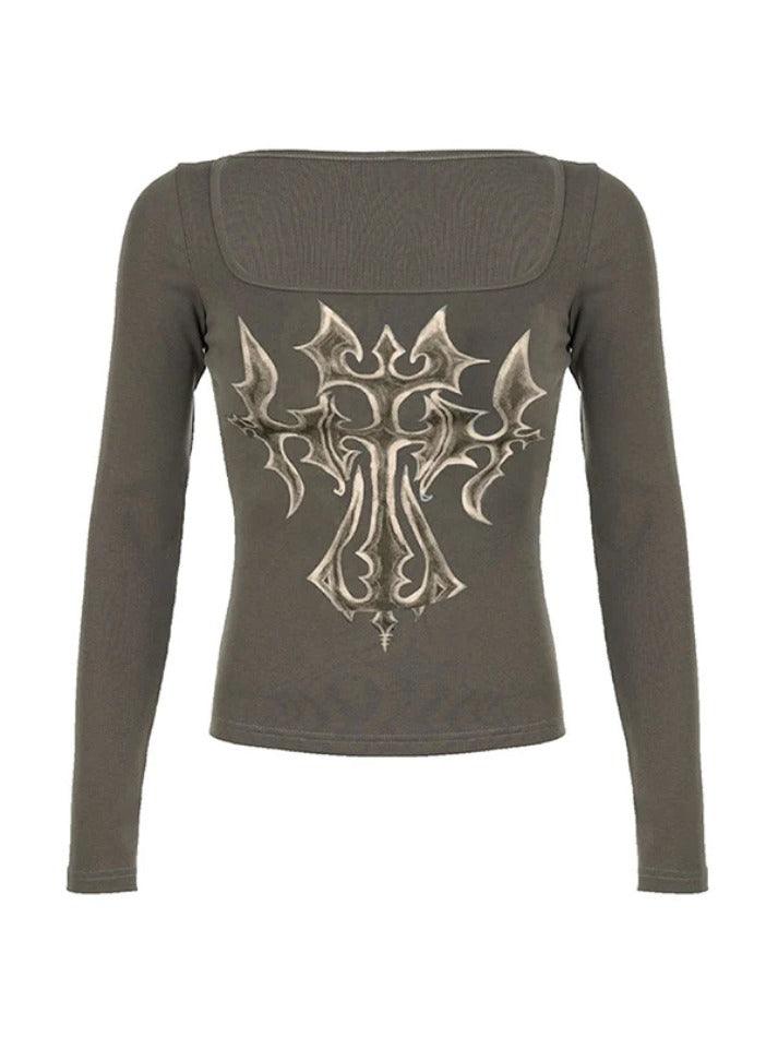 JY Gray Punk Cross Print Square Neck Low Cut Long Sleeve Tee / Gray Punk Cross Print Square Neck Low Cut Long Sleeve Tee