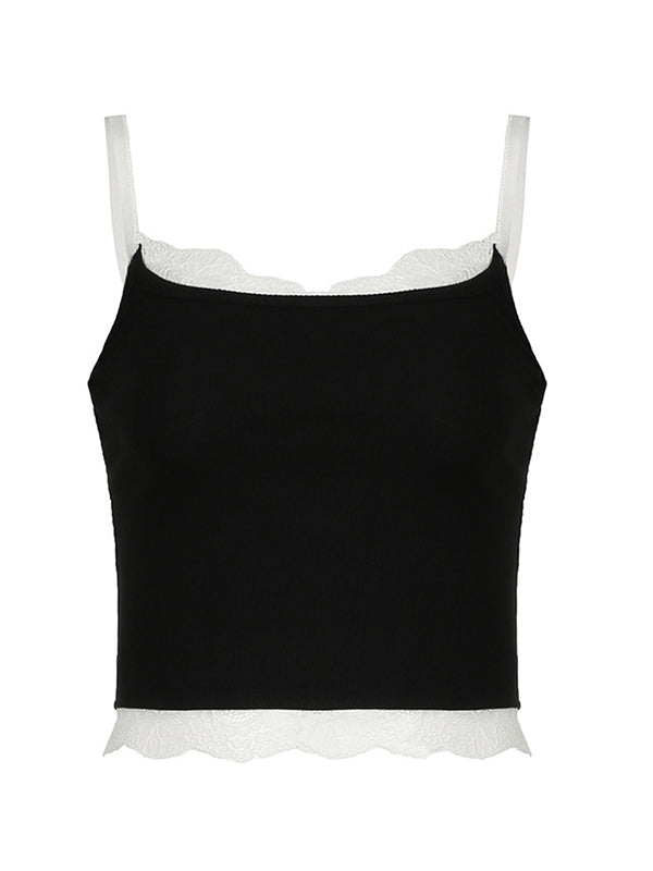 Contrast Black Cami Top with Lace Trim