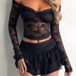 Black Vintage Lace Off Shoulder Long Sleeve T-Shirt &amp; Tiered Mini Skirt Set