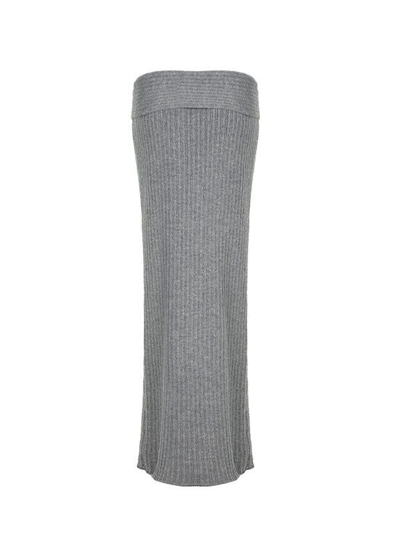 Grey Vintage Low Waist Maxi Skirt with Folded Waistband