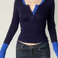 90s Blue Color Block Long Sleeve T-Shirt with Stitching