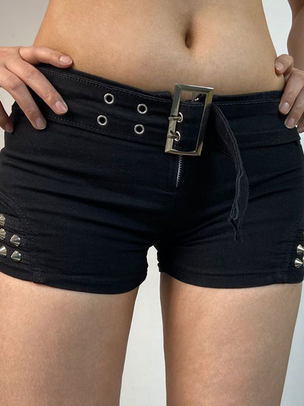 Black punk low rise denim shorts with belt and rivets