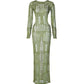 Green Vintage Backless See Through Maxi Dress