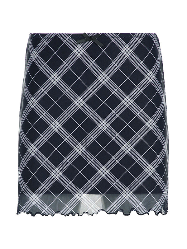 Blue Vintage Plaid Mesh Mini Skirt with Bow